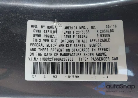 2016 Honda Accord Ex-L from USA, damaged, VIN 1HGCR2F88GA207236
